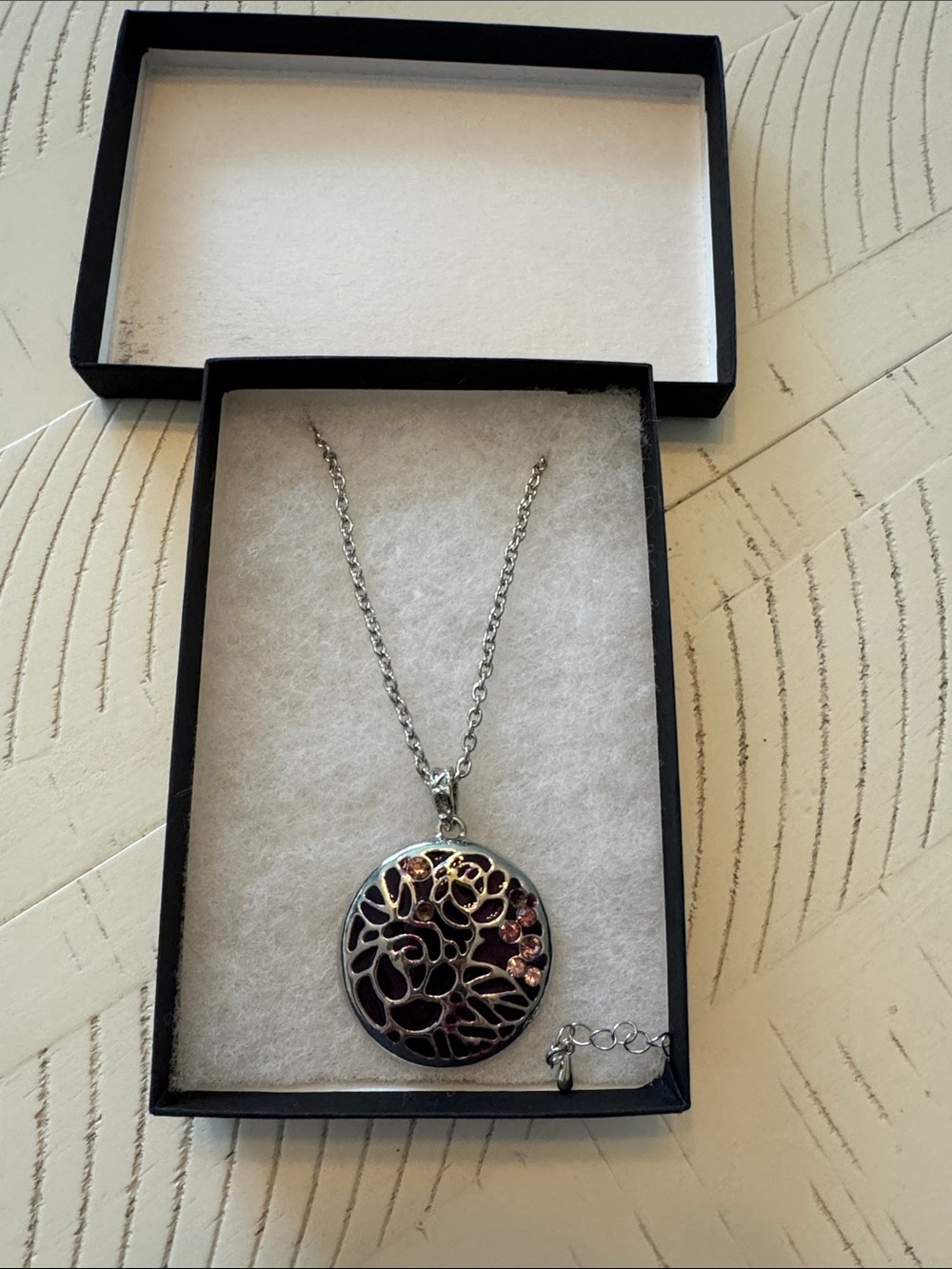 Silver Pendant Necklace with Pink Accent Stones NIB